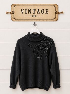 I.B. DIFFUSION – Black Beaded Turtleneck Sweater (Size M)